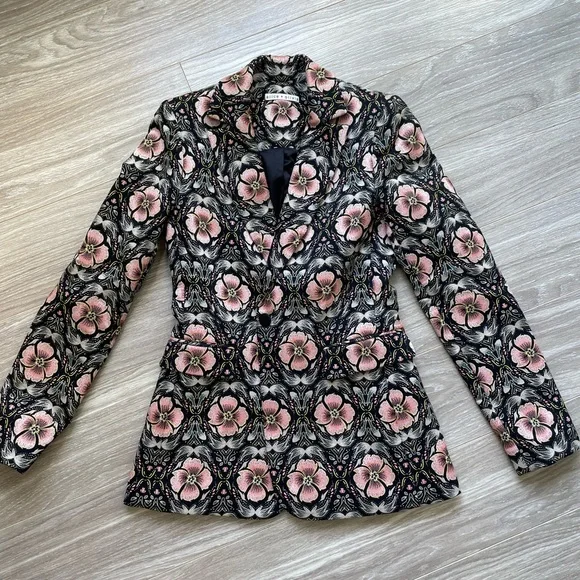 Alice + Olivia Macey Floral Print Blazer Sz 0 EUC Peach and Black - Picture 1 of 13